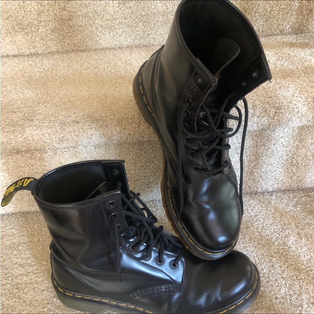Dr. Martens Black Leather Lace-Up Boots with Yellow Stitching